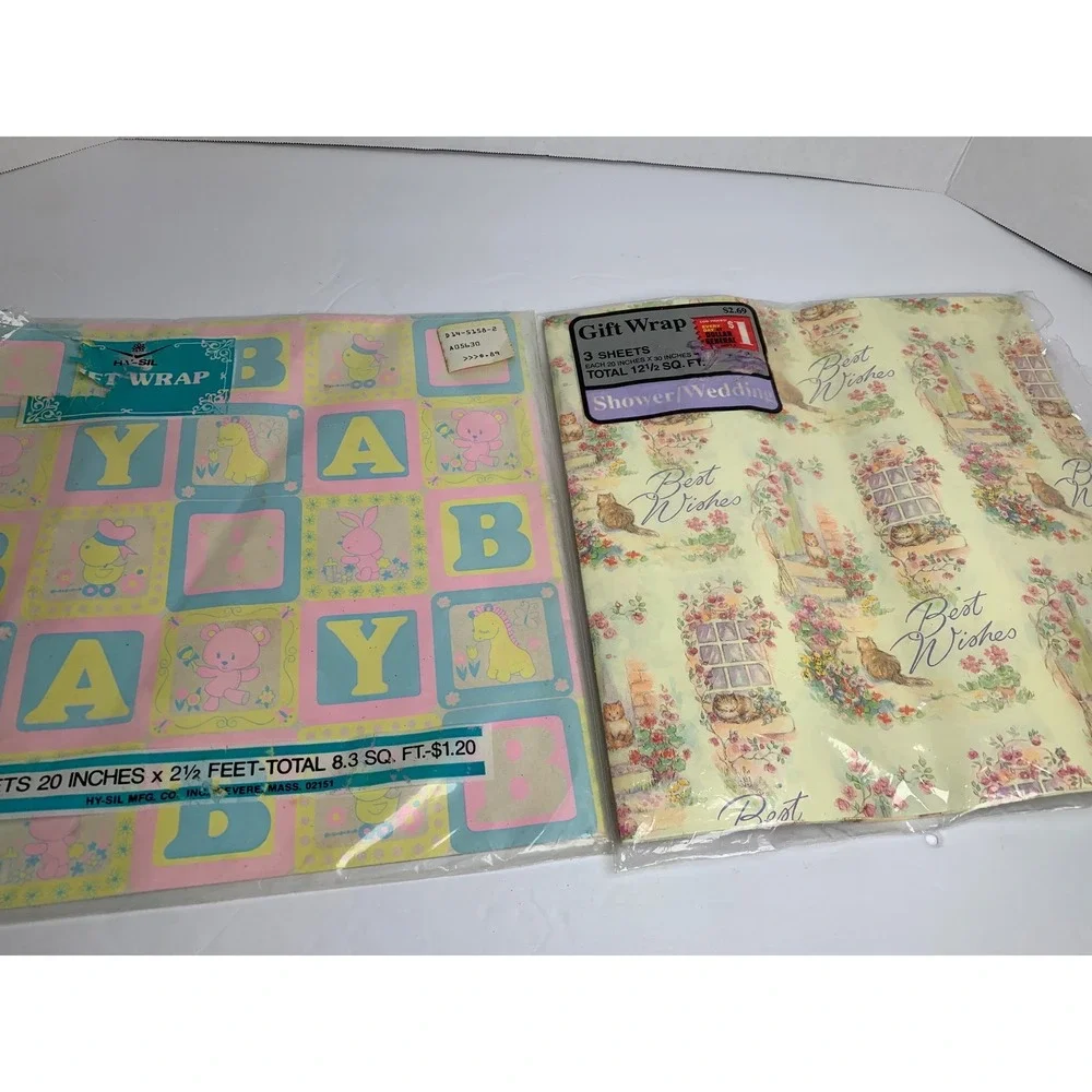 Vintage Gift Wrap Set Baby Shower Blocks & Wedding‎ Best Wishes Cats Floral 2pk